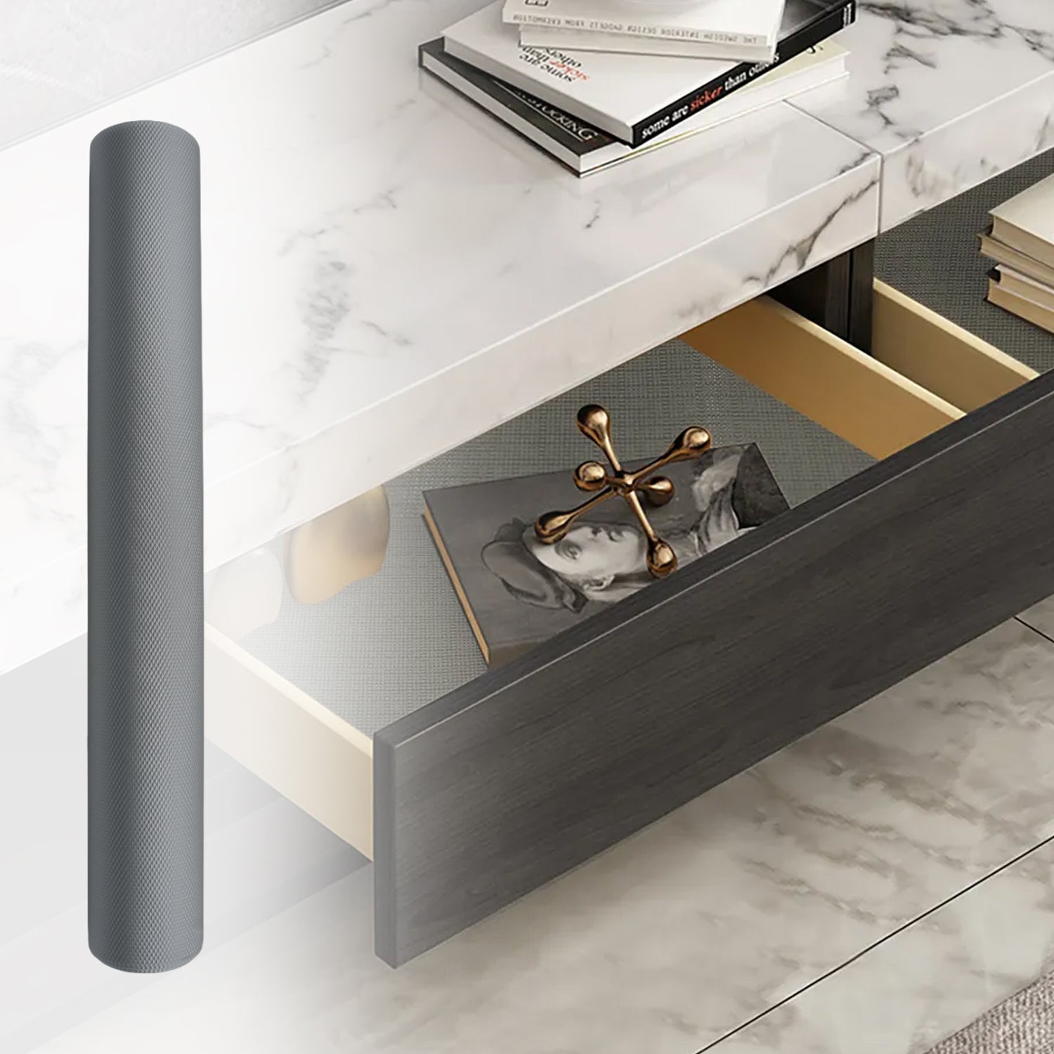 Anti-slip liner roll for use in various home areas to prevent sliding and spills. Anti-slip liner roll for use in various home areas to prevent sliding and spills.